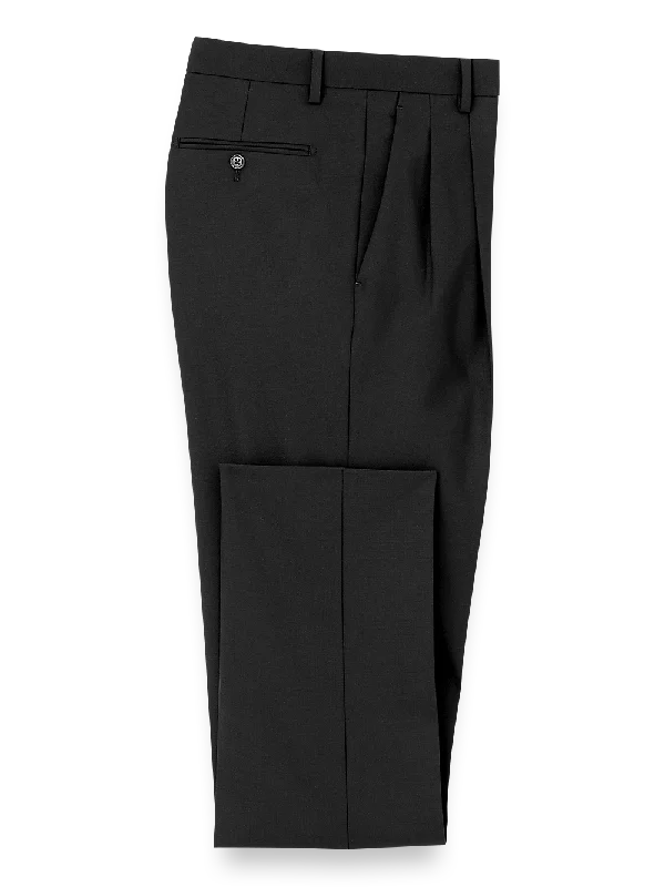 Wool Stretch Bengaline Pleated Suit Pants - Black