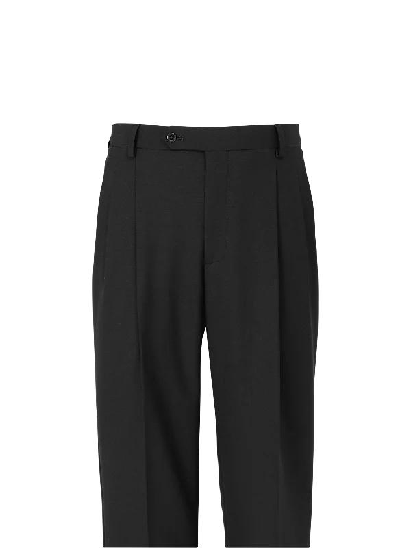 Wool Stretch Bengaline Pleated Suit Pants - Black