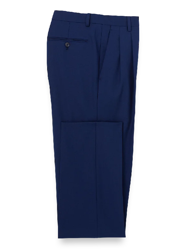 Wool Stretch Bengaline Pleated Suit Pants - Blue