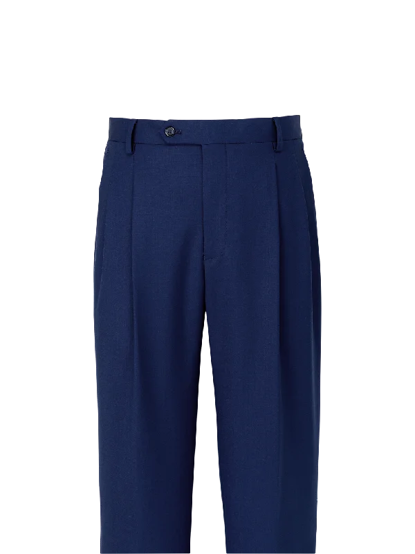 Wool Stretch Bengaline Pleated Suit Pants - Blue