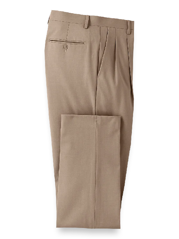 Wool Stretch Bengaline Pleated Suit Pants - Light Tan