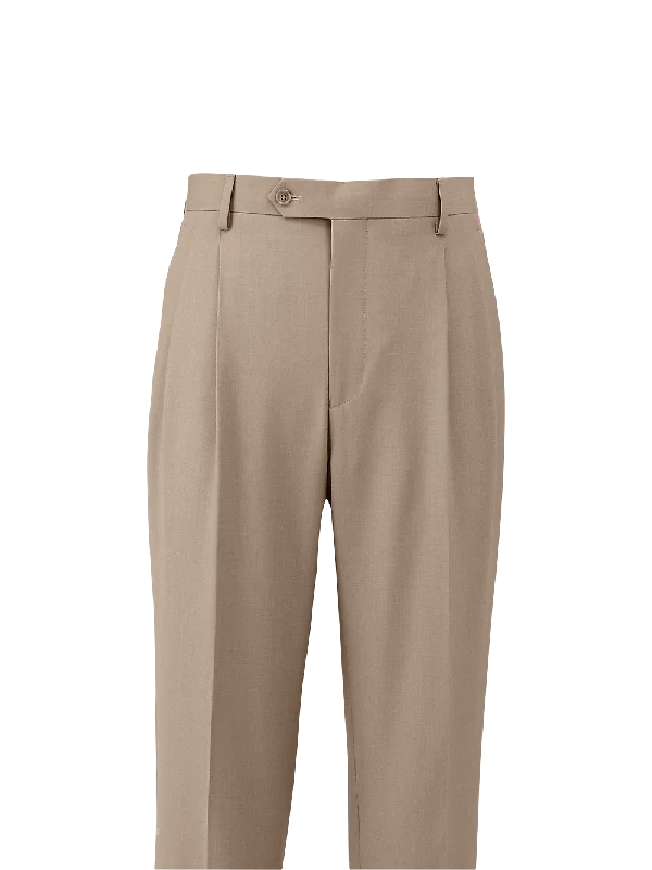 Wool Stretch Bengaline Pleated Suit Pants - Light Tan