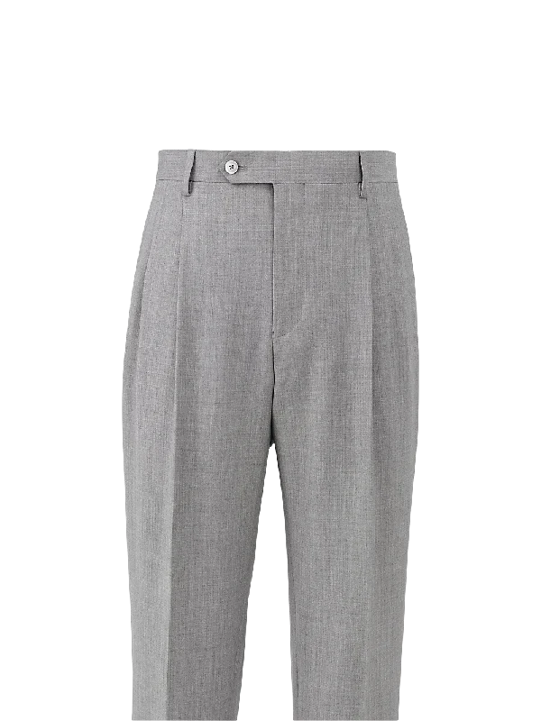 Wool Stretch Bengaline Pleated Suit Pants - Light Grey