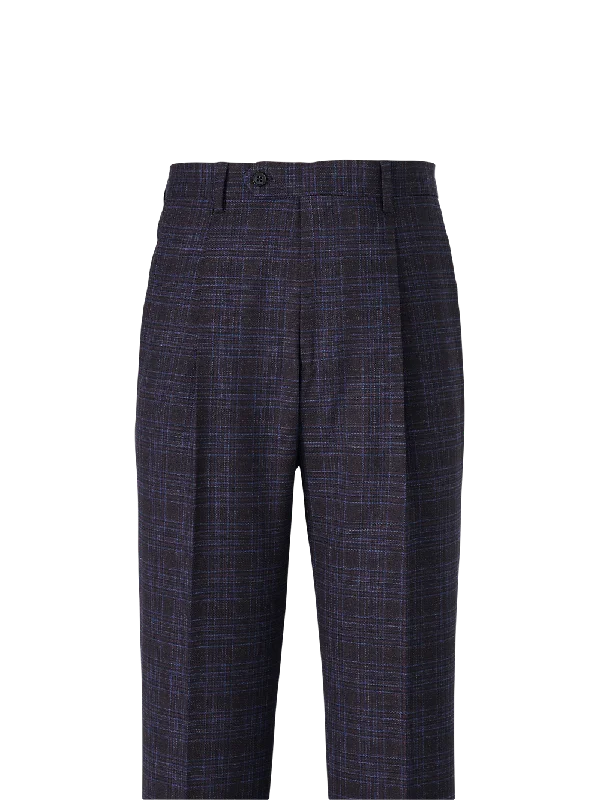 Wool Stretch Plaid Single Pleat Suit Pants - Brown/navy