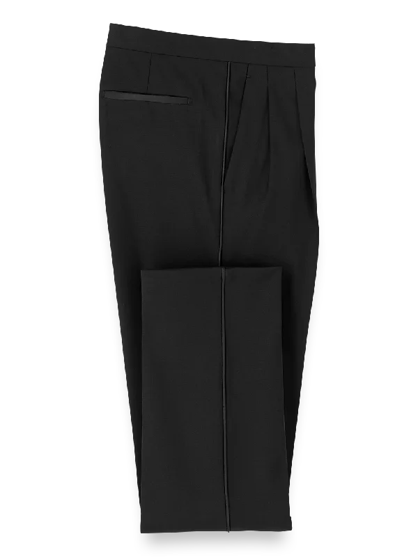 Wool Stretch Pleated Tuxedo Pants - Black