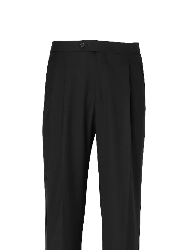 Wool Stretch Pleated Tuxedo Pants - Black