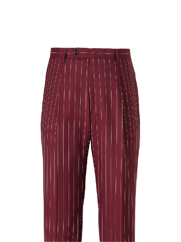 Wool Stretch Stripe Single Pleat Suit Pants - Burgundy