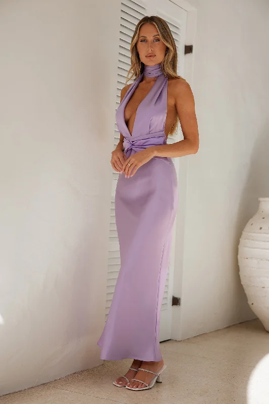 Beauty Of The Night Halter Satin Maxi Dress Lilac