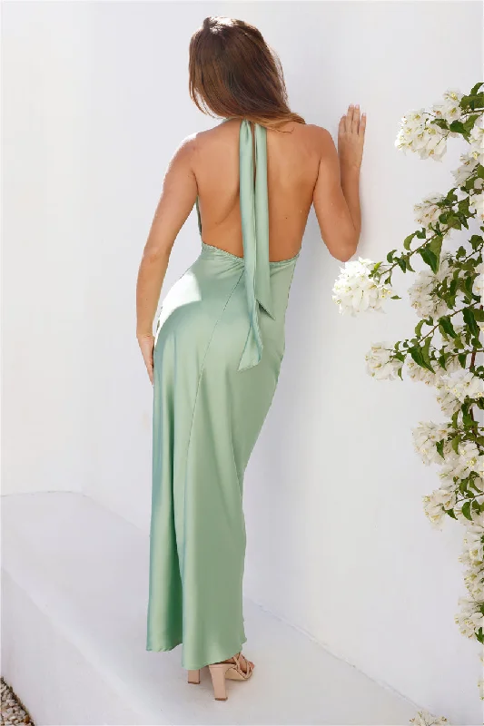 Beauty Of The Night Halter Satin Maxi Dress Sage