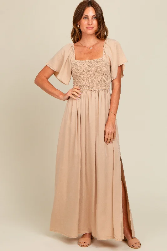 Beige Chambray Smocked Maternity Maxi Dress