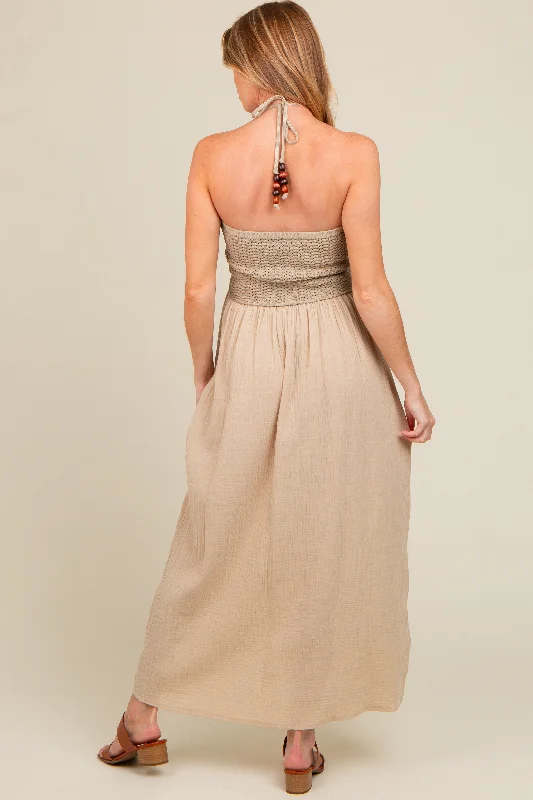 Beige Halter Crochet Top Maternity Maxi Dress