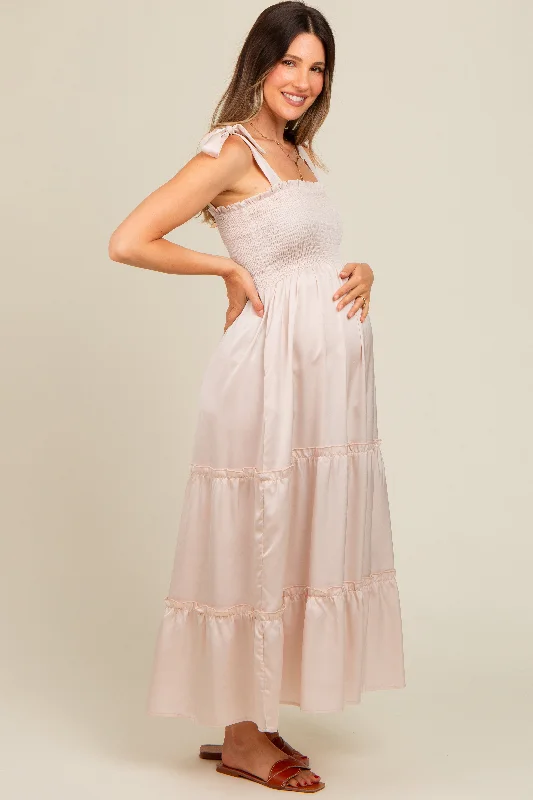 Beige Satin Smocked Maternity Maxi Dress