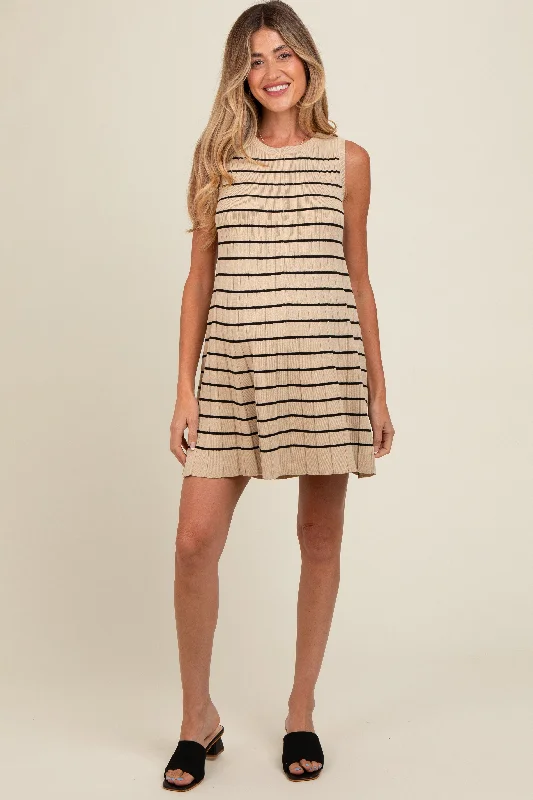 Beige Striped Knit Pleated Maternity A-Line Mini Dress