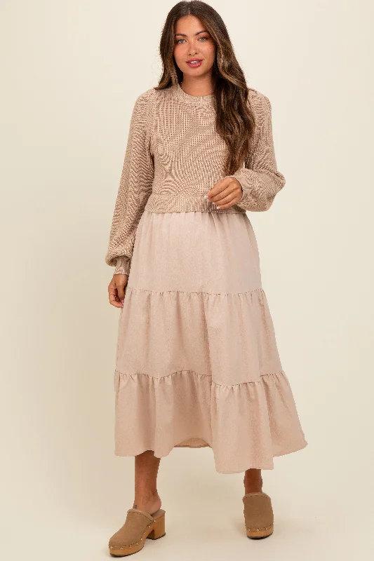 Beige Sweater Top Tiered Maternity Midi Dress