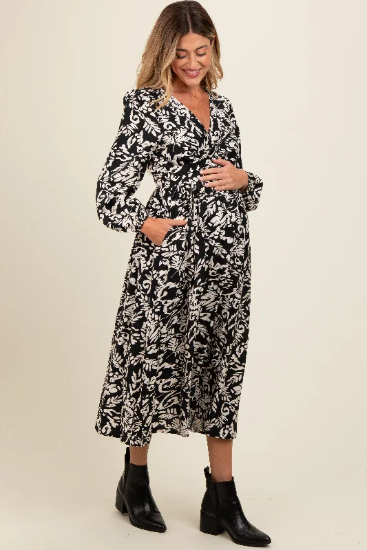 Black Abstract Floral Gathered Front Maternity Midi Dress