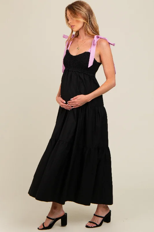 Black Contrast Shoulder Straps Maternity Maxi Dress