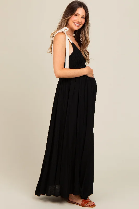 Black Contrast Shoulder Tie Smocked Maternity Maxi Dress