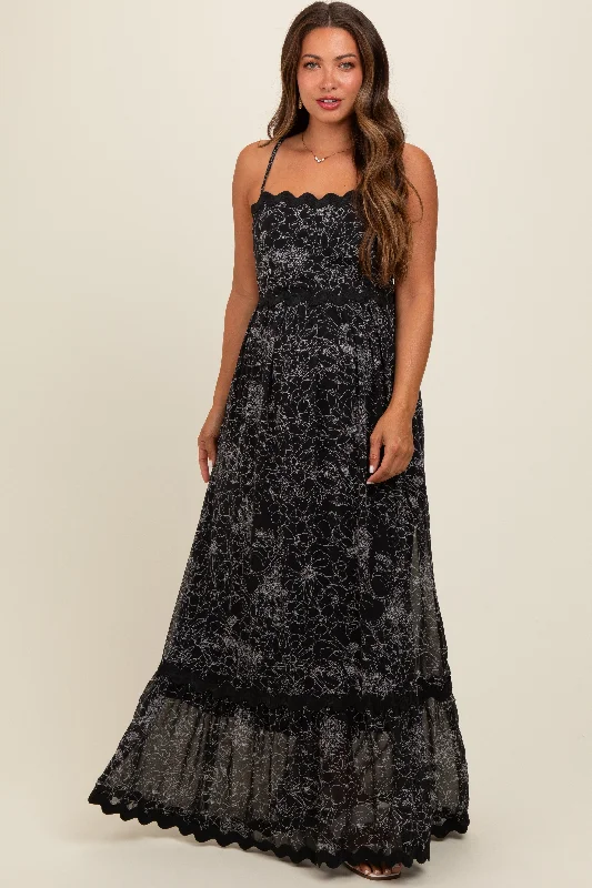 Black Floral Contrast Trim Maternity Maxi Dress