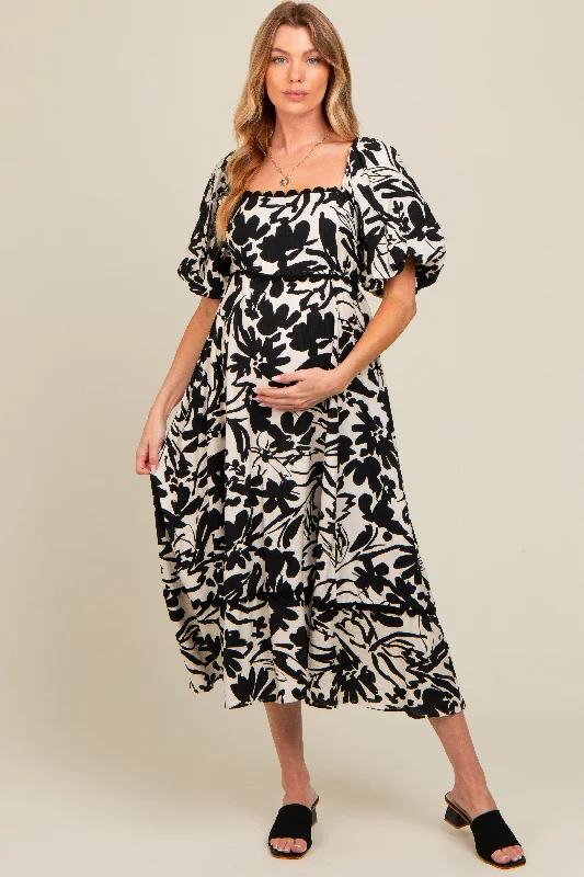 Black Floral Scallop Trim Maternity Midi Dress