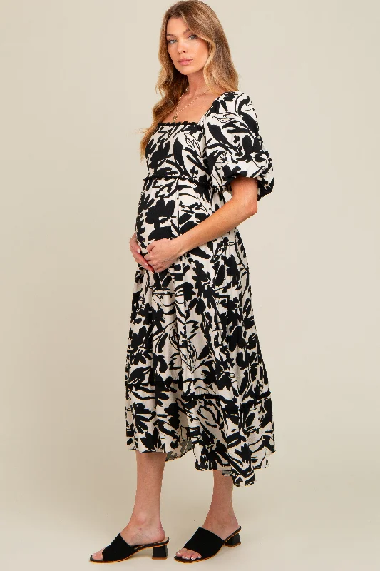 Black Floral Scallop Trim Maternity Midi Dress