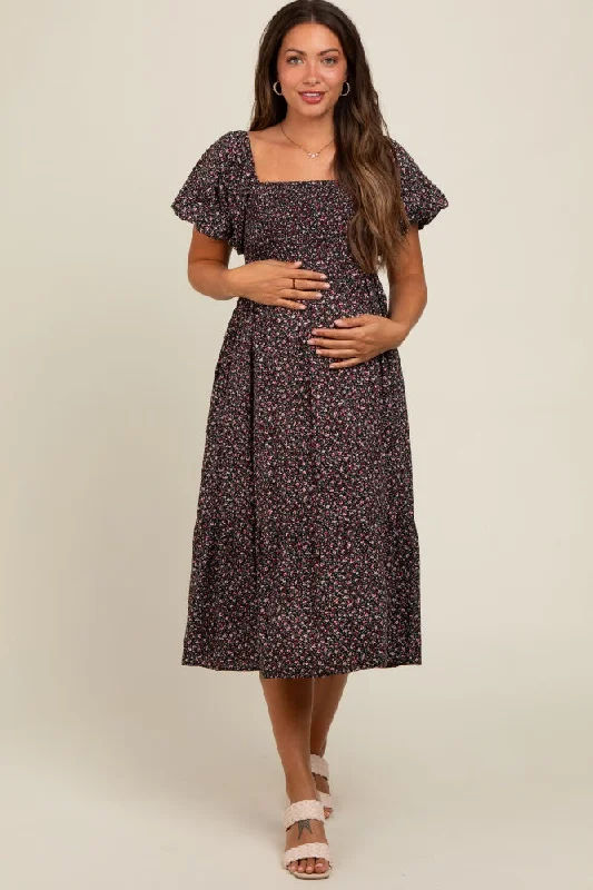 Black Floral Smocked Maternity Midi Dress