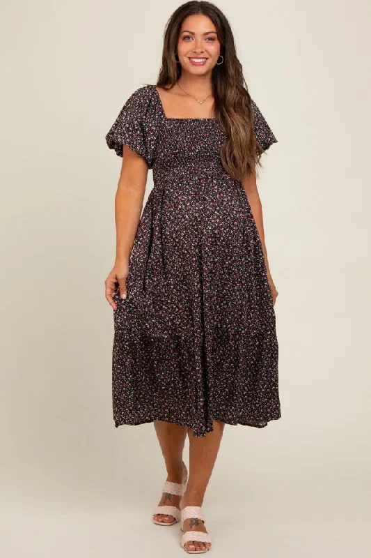 Black Floral Smocked Maternity Midi Dress