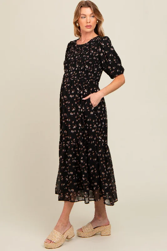 Black Floral Smocked Sash Tie Maternity Midi Dress