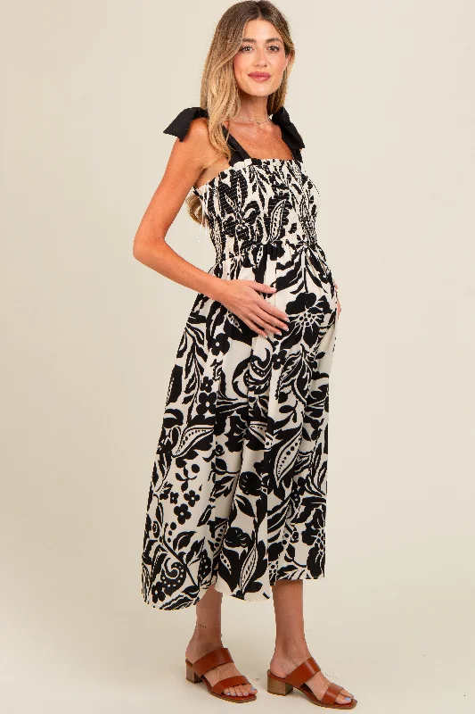 Black Floral Smocked Shoulder Tie Maternity Midi Dress