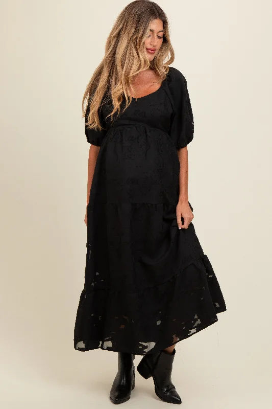 Black Floral Textured Tiered Midi Maternity Dress