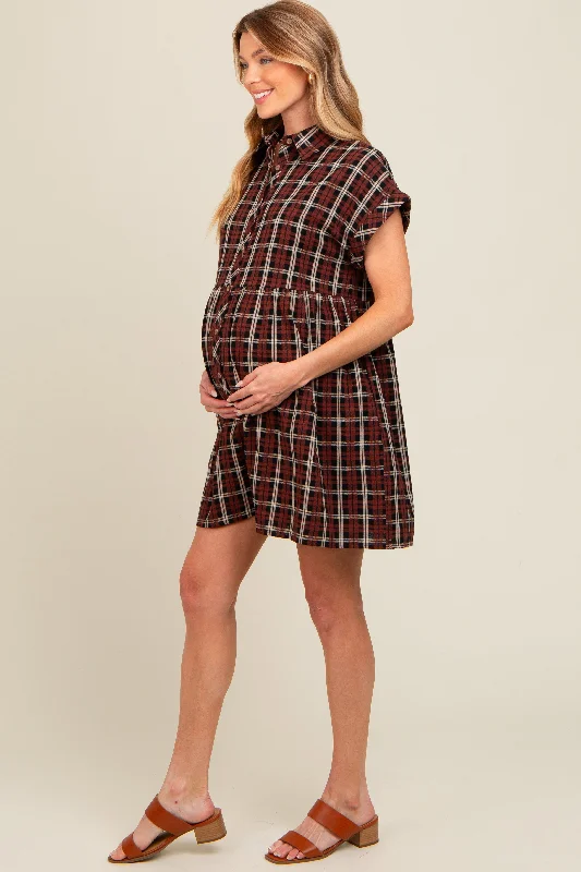 Black Plaid Rolled Cuff Sleeve Button Down Maternity Dress