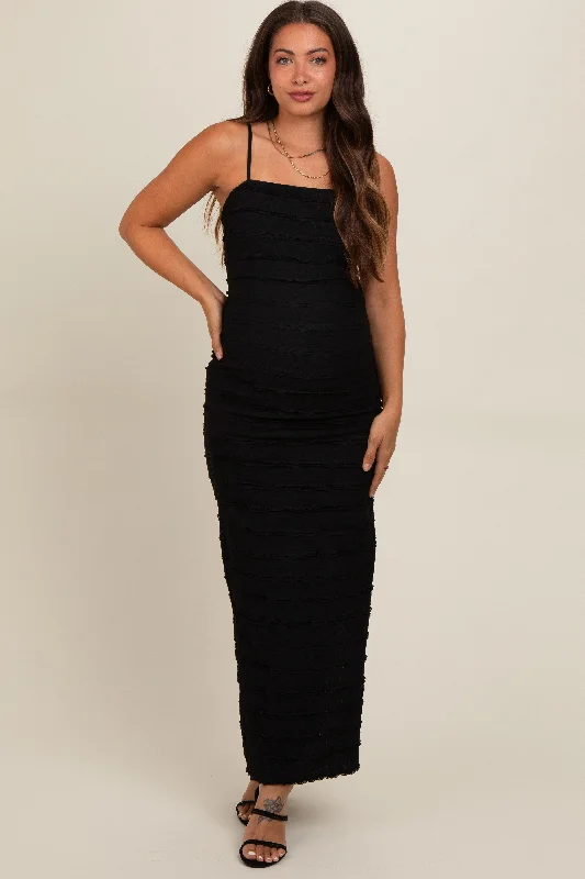 Black Ruffle Detail Maternity Side Slit Maxi Dress