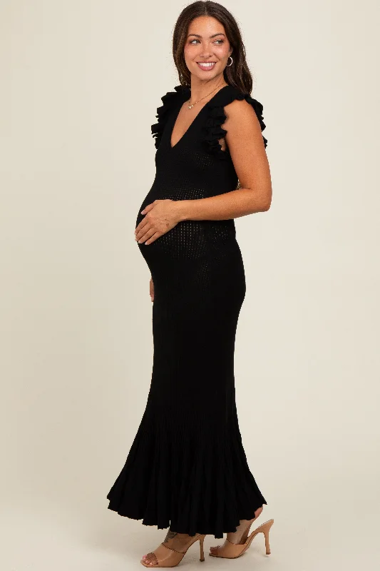 Black Ruffle Sleeve Mermaid Hem Maternity Midi Dress