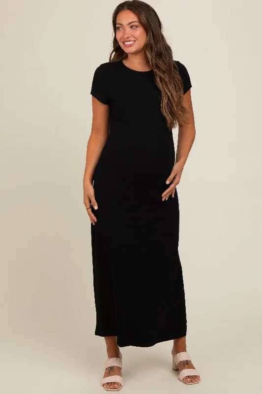 Black Short Sleeve Maternity Midi T-Shirt Dress