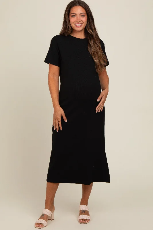 Black Short Sleeve Side Slit Maternity T-Shirt Midi Dress