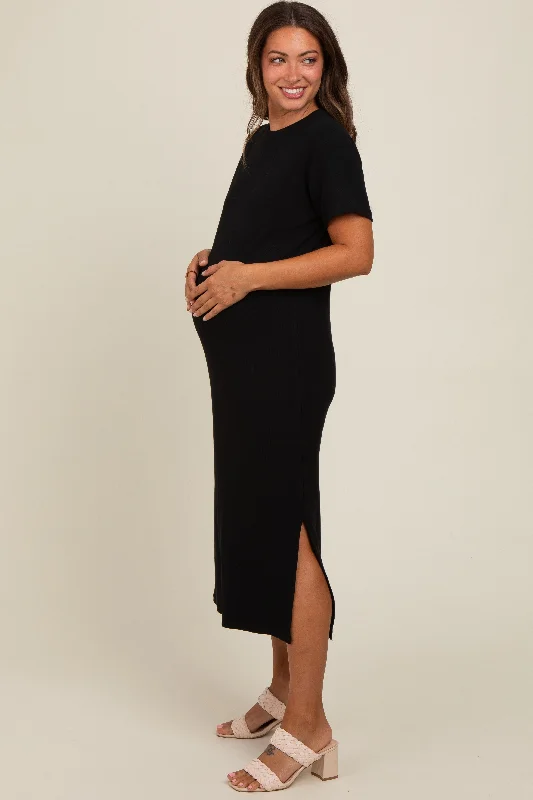 Black Short Sleeve Side Slit Maternity T-Shirt Midi Dress