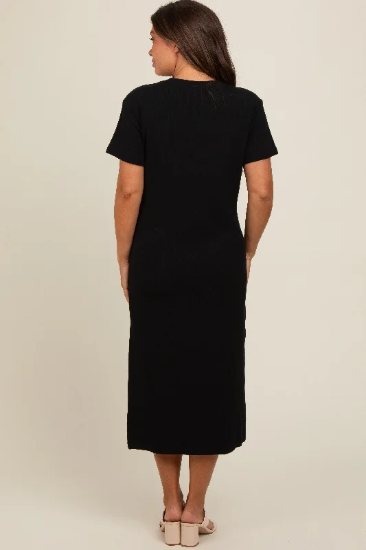 Black Short Sleeve Side Slit Maternity T-Shirt Midi Dress