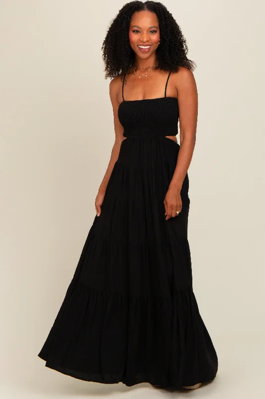 Black Smocked Cutout Maternity Maxi Dress