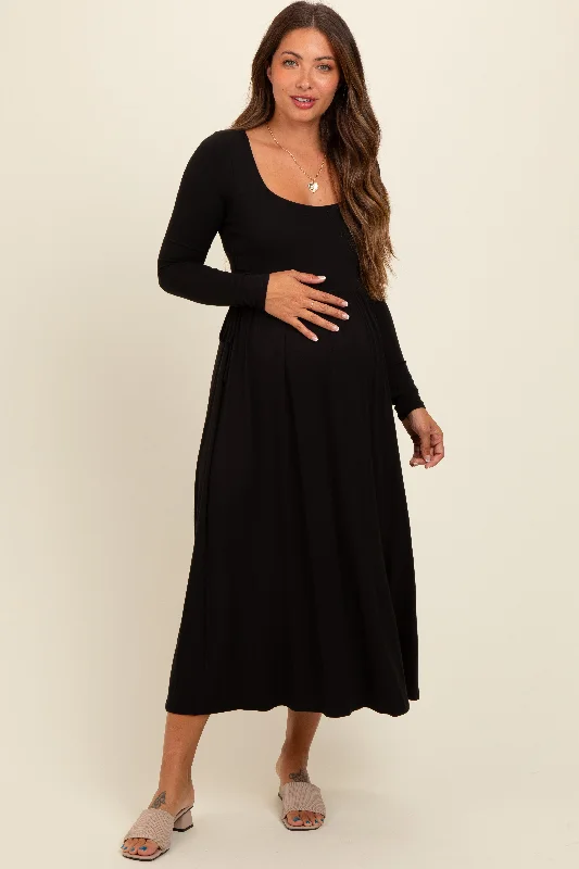 Black Square Neck Long Sleeve Maternity Midi Dress