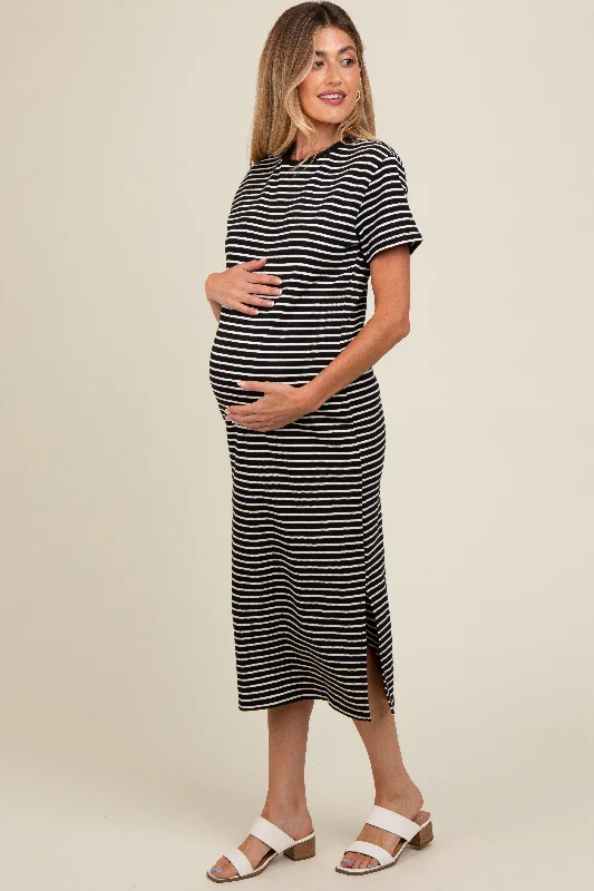 Black Striped Short Sleeve Maternity T-Shirt Midi Dress