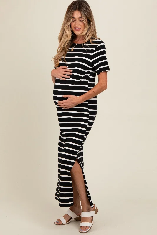 Black Striped Side Slit Maternity Maxi Dress