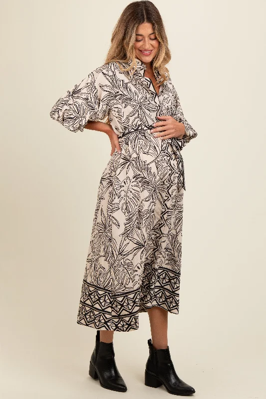 Black Tropical Print Button Down Maternity Shirt Dress