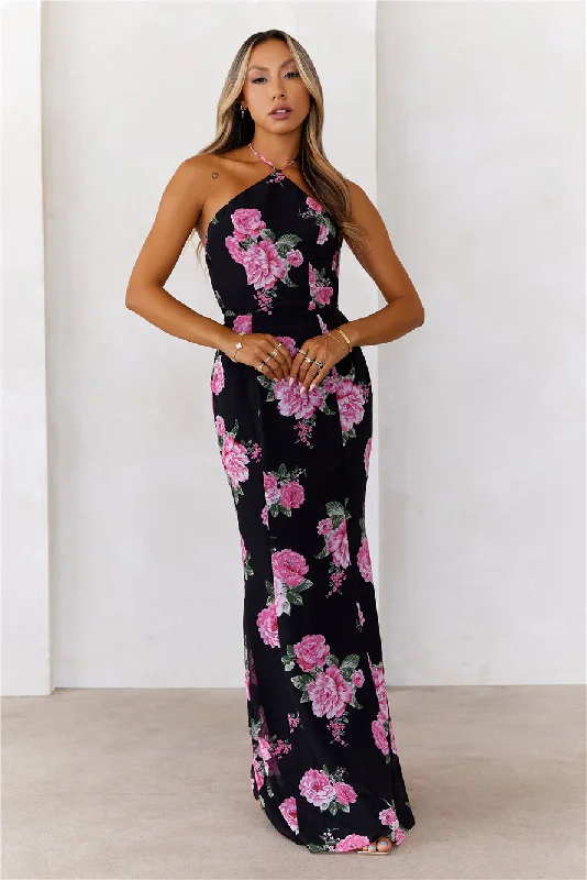 Blossom Beauty Halter Maxi Dress Black