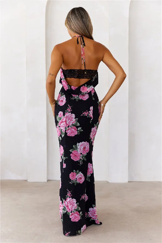 Blossom Beauty Halter Maxi Dress Black