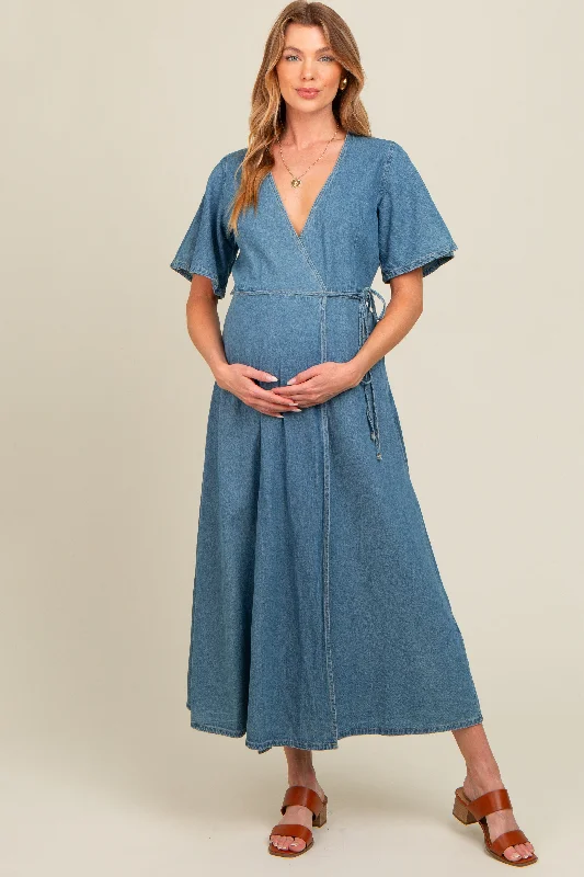 Blue Chambray Maternity Wrap Maxi Dress