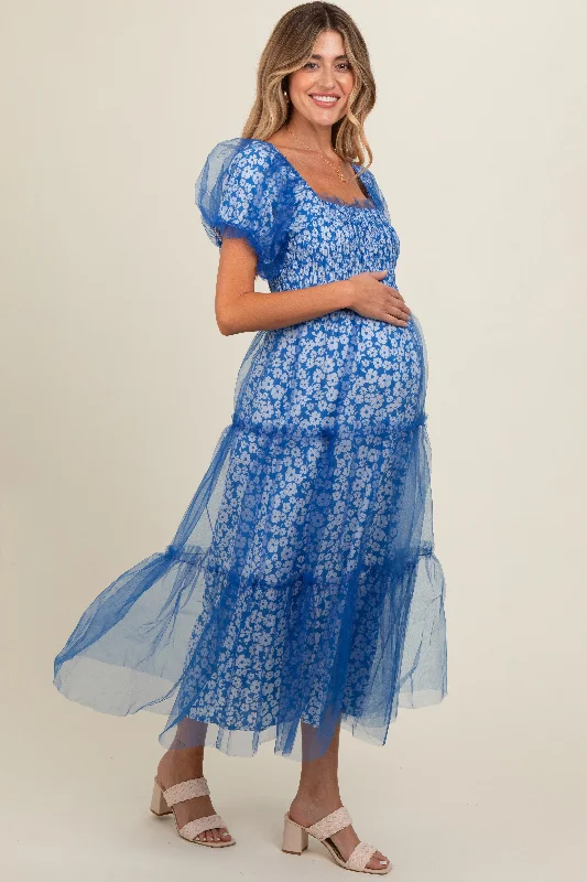 Blue Floral Lined Smocked Tulle Maternity Midi Dress