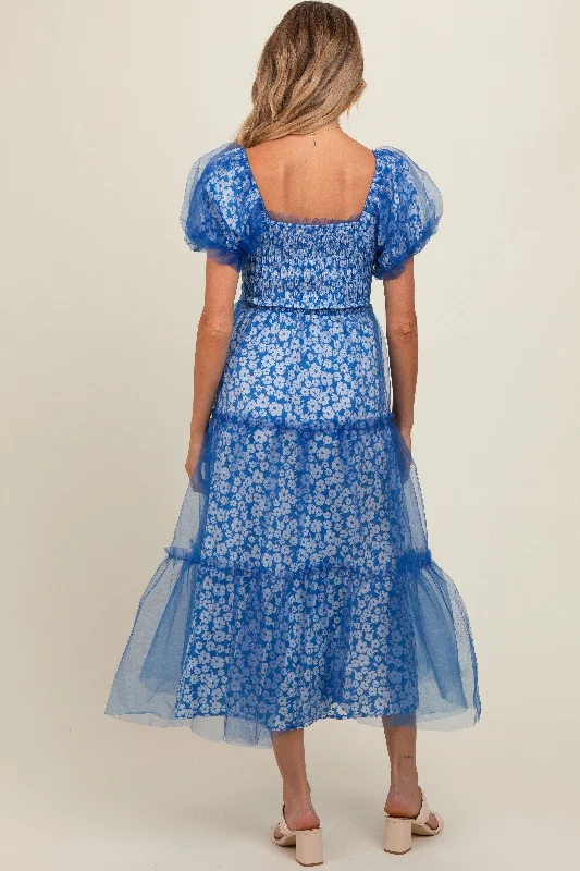 Blue Floral Lined Smocked Tulle Maternity Midi Dress