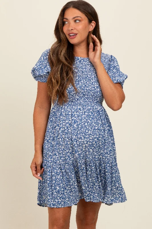 Blue Floral Puff Sleeve Smocked Maternity Dress