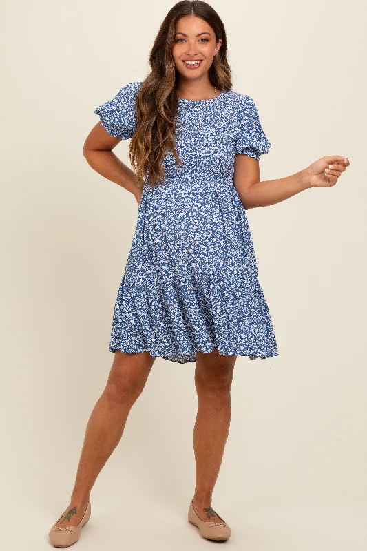 Blue Floral Puff Sleeve Smocked Maternity Dress