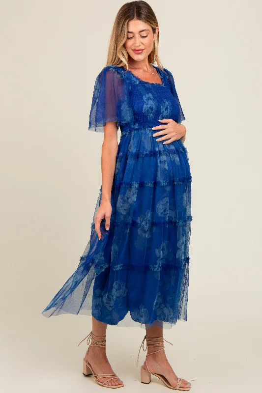 Blue Floral Smocked Tulle Maternity Maxi Dress