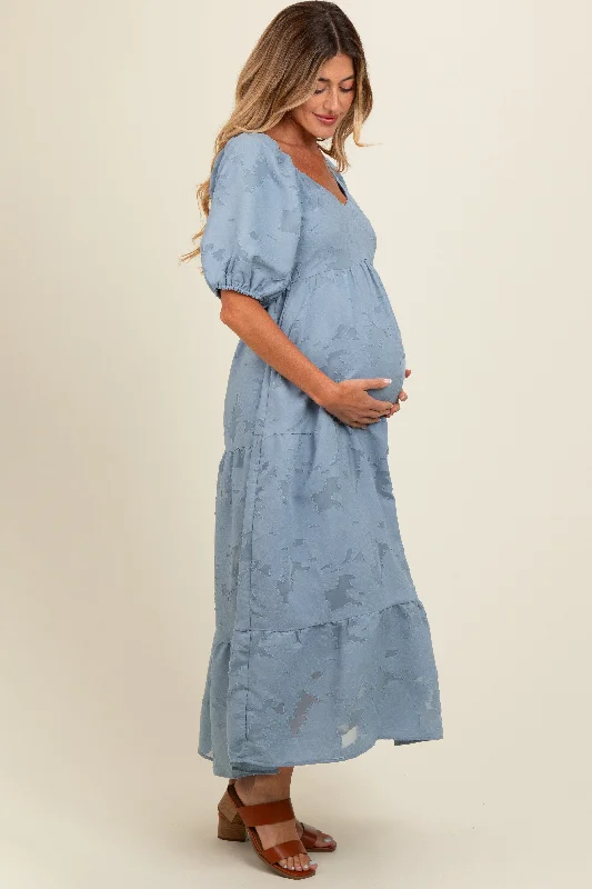 Blue Floral Textured Tiered Midi Maternity Dress